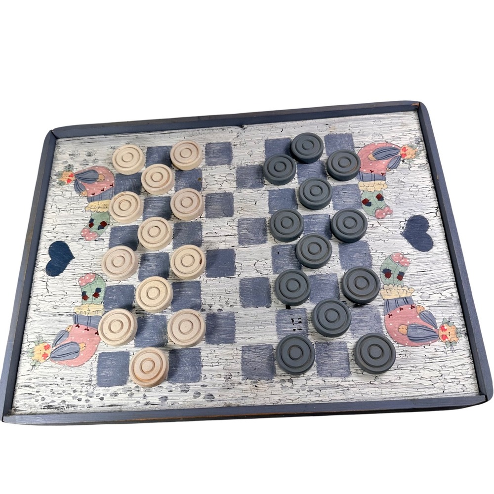 Hand Painted Wooden Checkers Board Set Signed Callaghan Primitive Country Decor